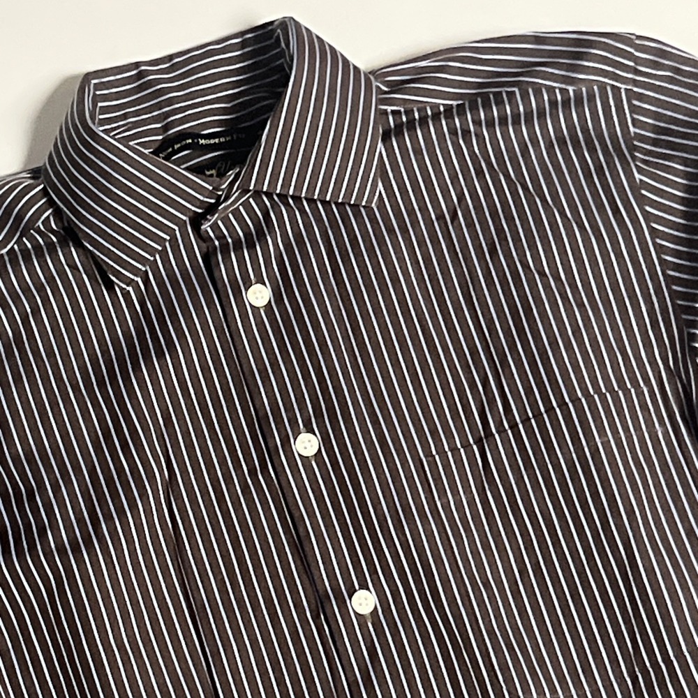 Pronto Uomo Modern Fit Non Iron Dress‎ Shirt Brown Blue Striped Mens Medium Top